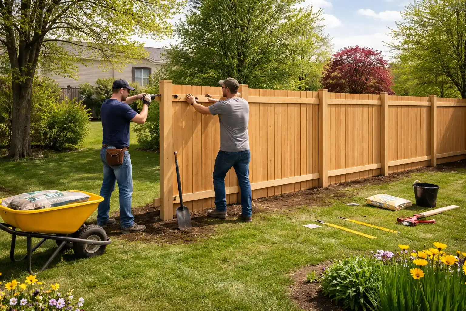 Backyard with wood privacy fence in fall