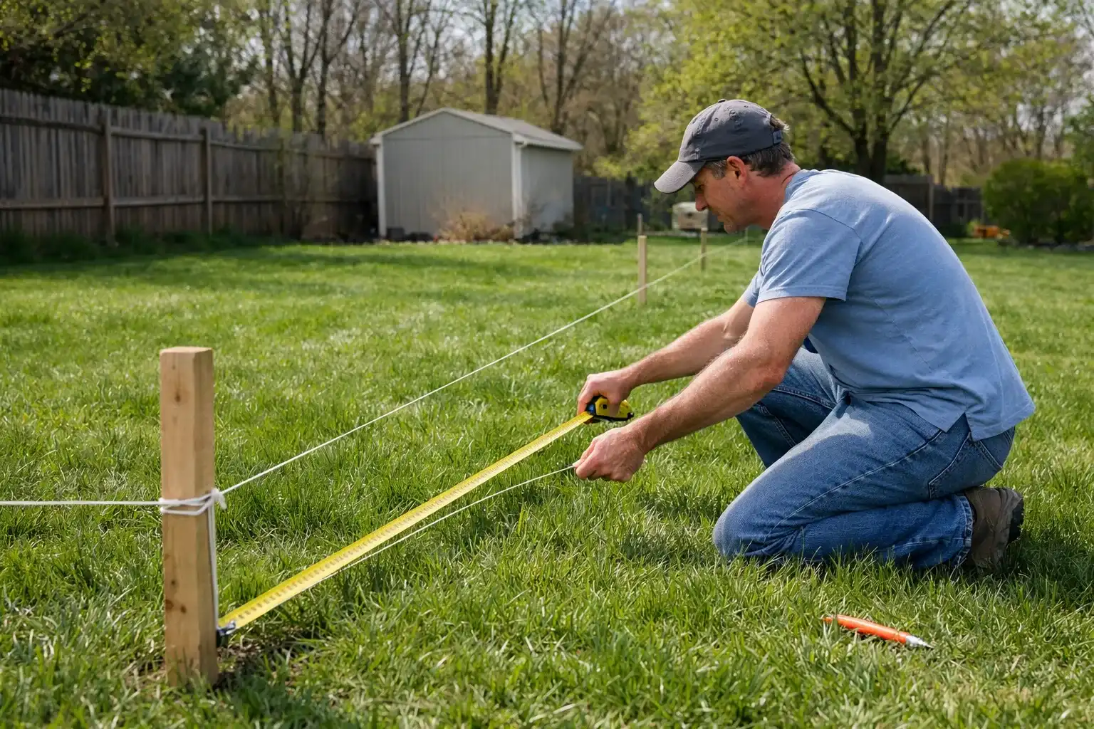 Homeowner measuring yard for fence installation